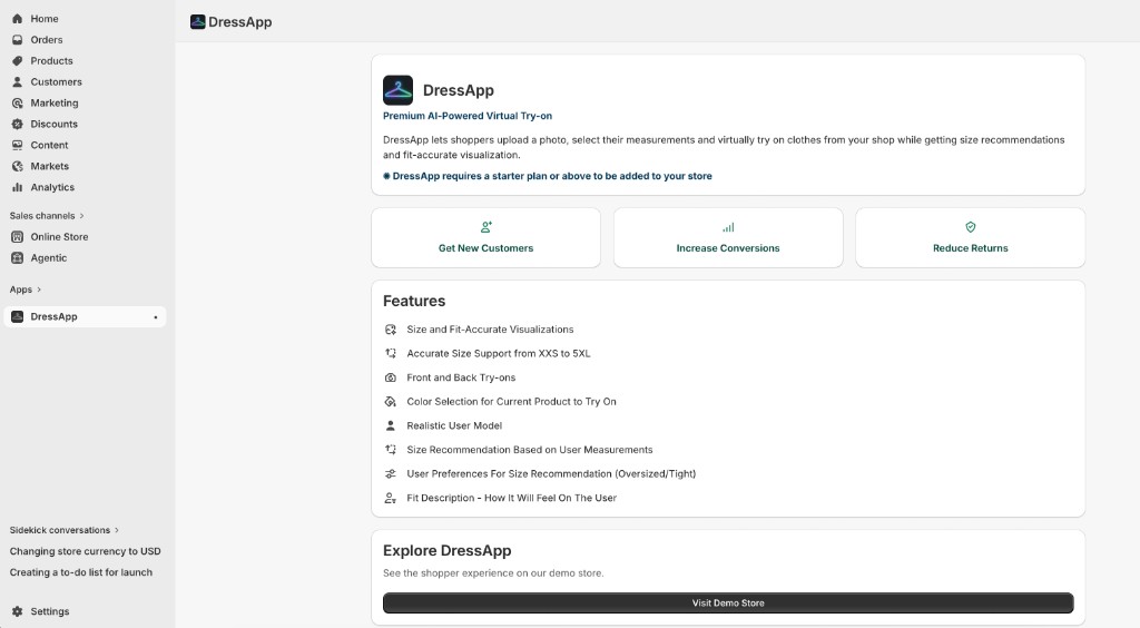 Open the DressApp app page in Shopify Admin