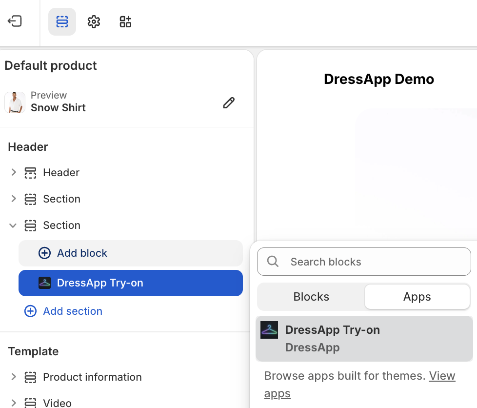 Add the DressApp try-on block to header or product section